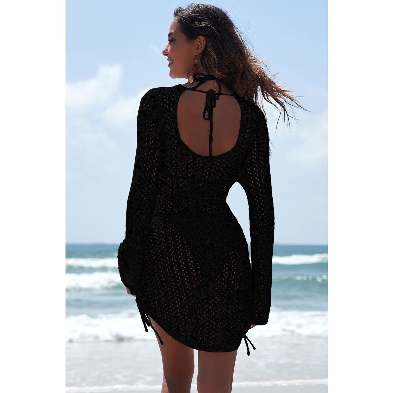 Black Hollowout Knit Bell Sleeve Drawstring Short Beach dress