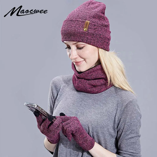 Winter Hat Scarf Gloves Set Women Thick Glove Beanies Ring Scarf  Girls Gift