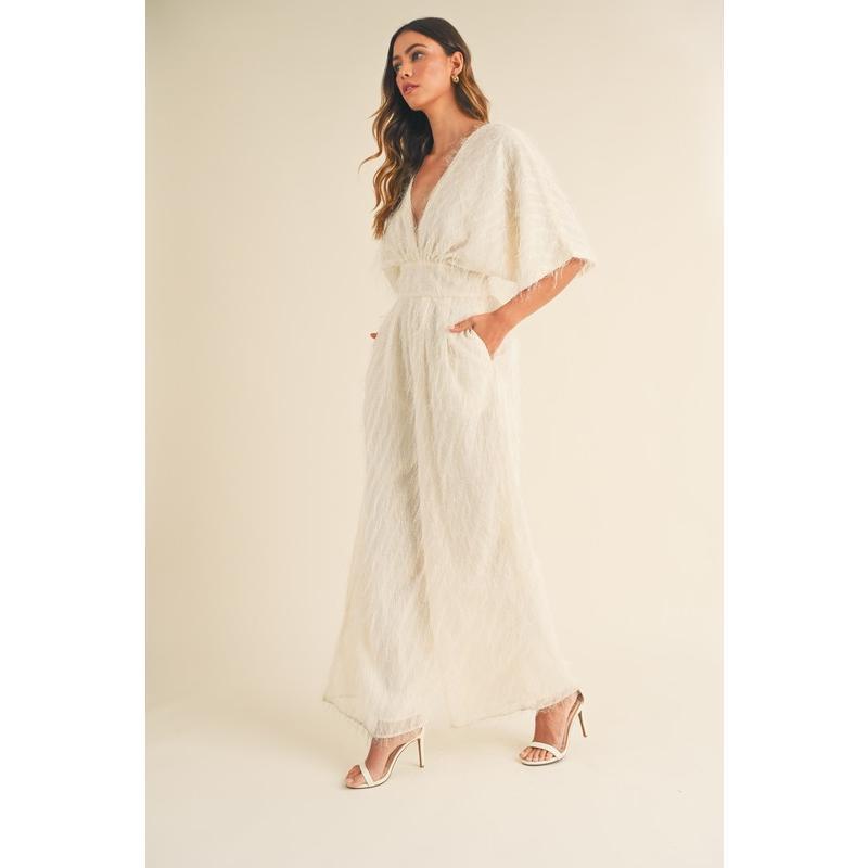 MABLE Fluffy Deep V Neck Wide Leg Jumpsuit