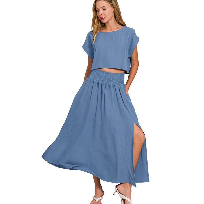 Zenana Heavy Woven Span Crop Tee & Skirt Set
