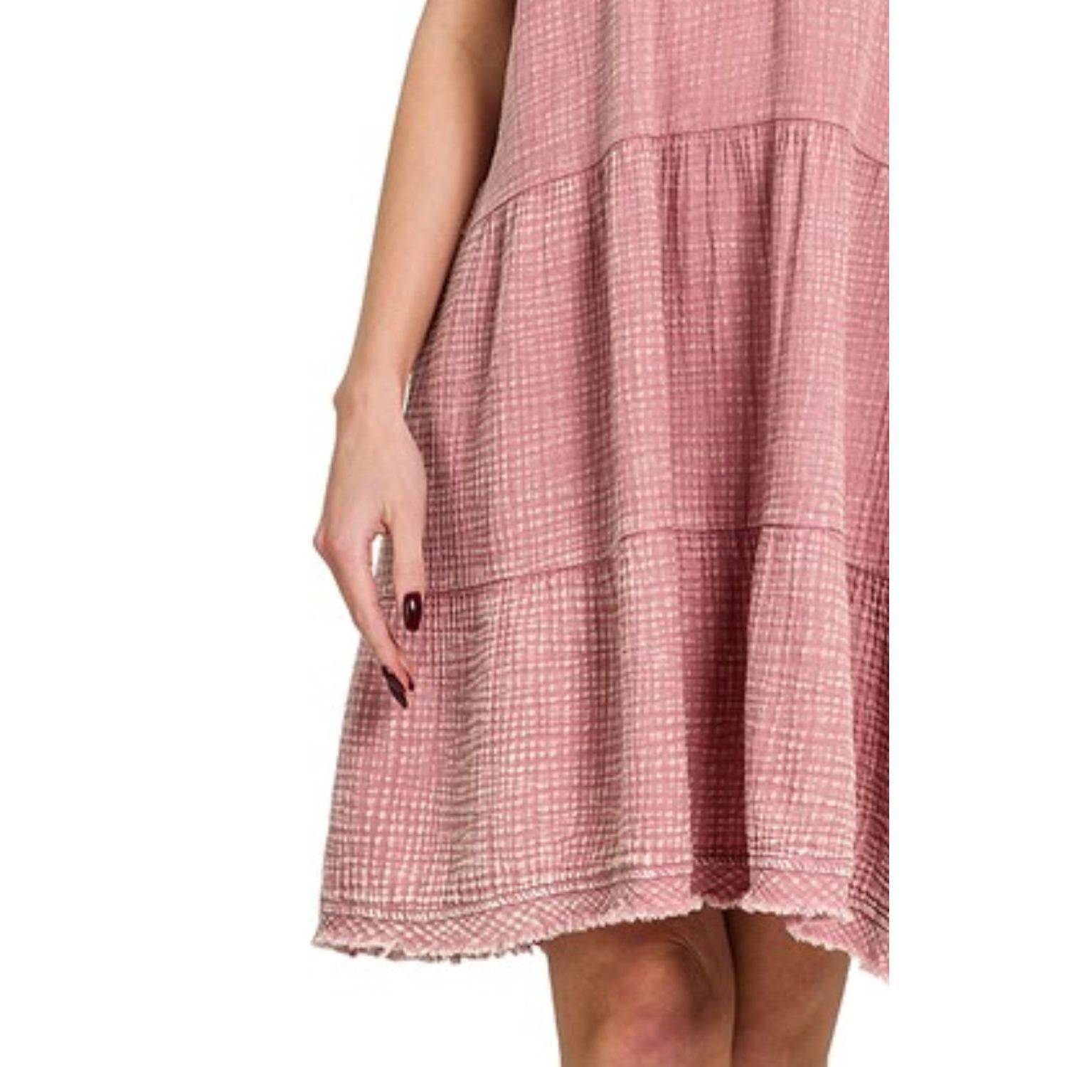 Zenana Washed Double Gauze Raw Edge V-Neck Dress