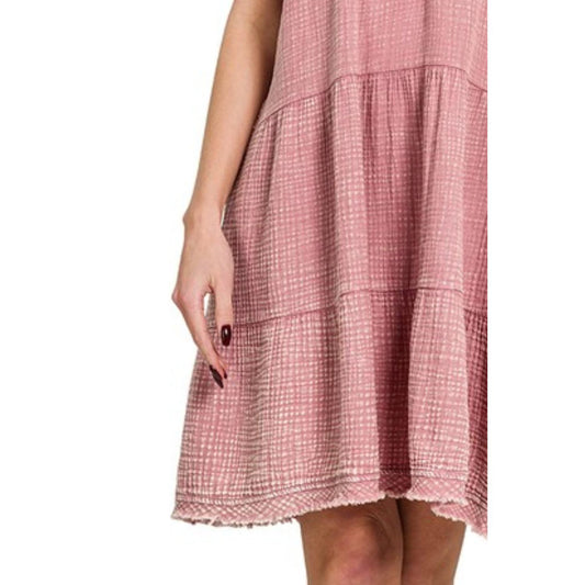 Zenana Washed Double Gauze Raw Edge V-Neck Dress