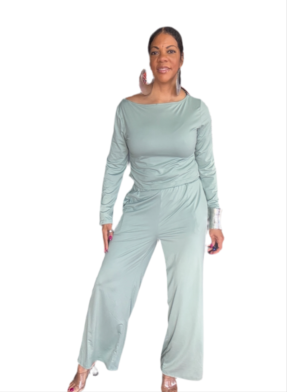 Boat Neck Long Sleeve Top and Pants Set