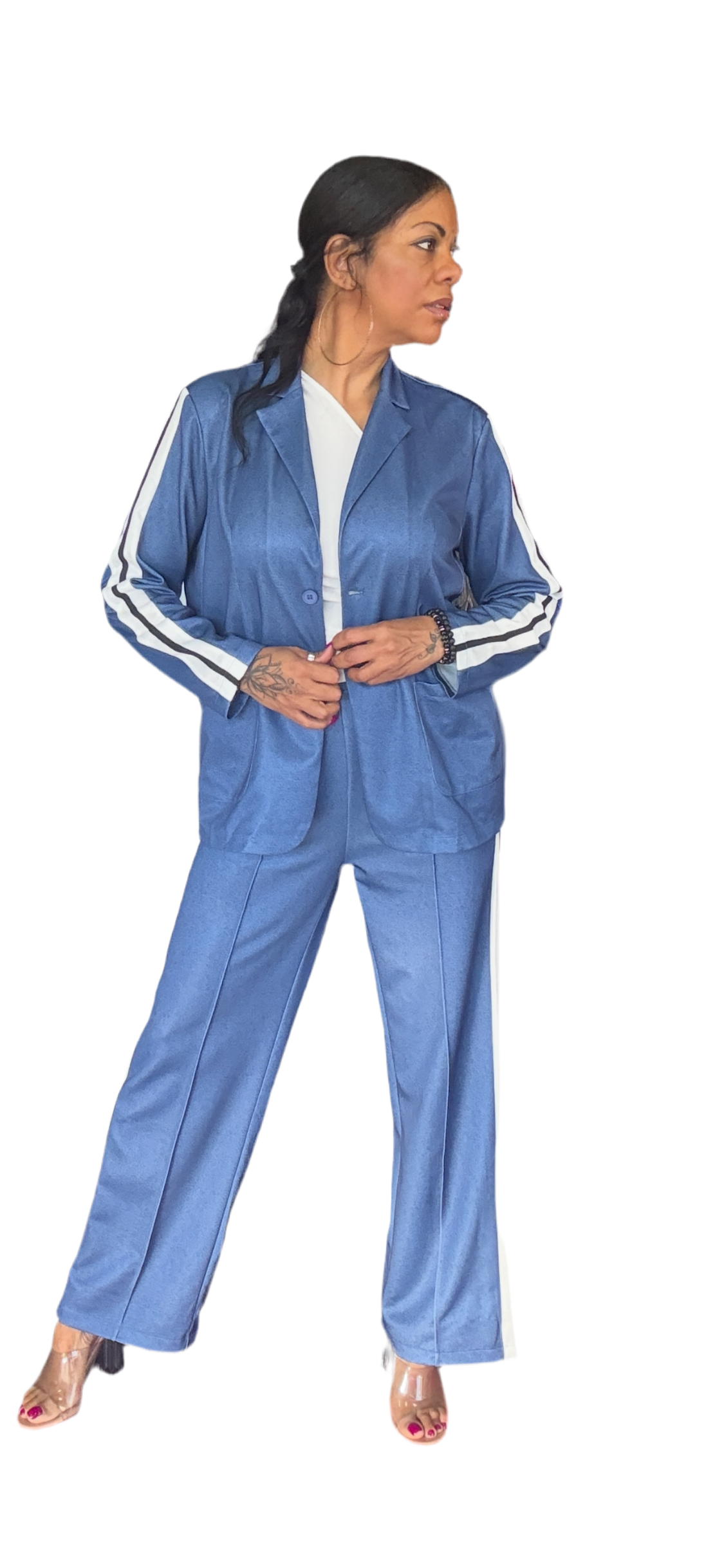 Full Size Contrast Lapel Collar Top and Pants Set