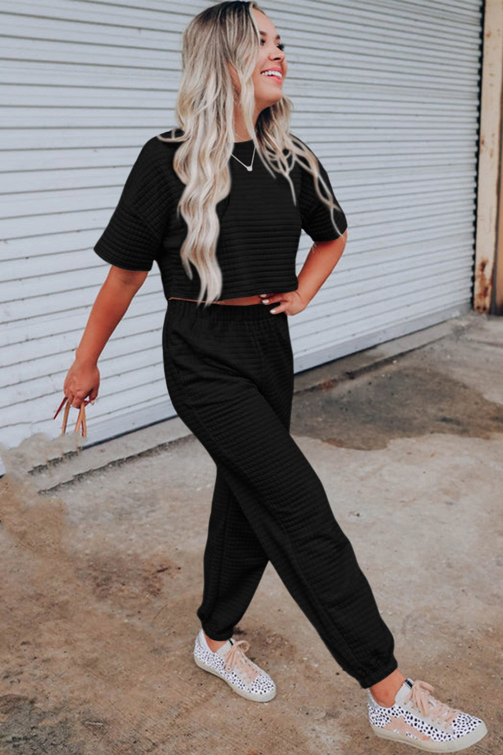 Alpha C Black Textured Cropped Tee and Jogger Pants Set