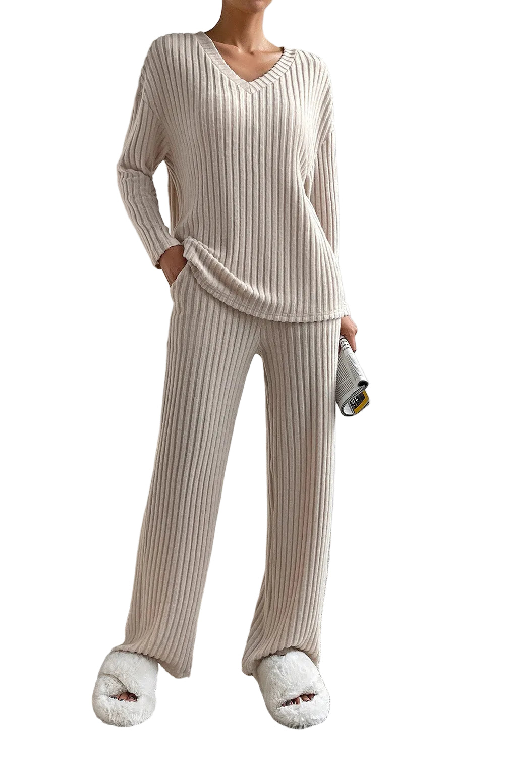 Khaki Ribbed Knit V Neck Slouchy Two-piece Outfit