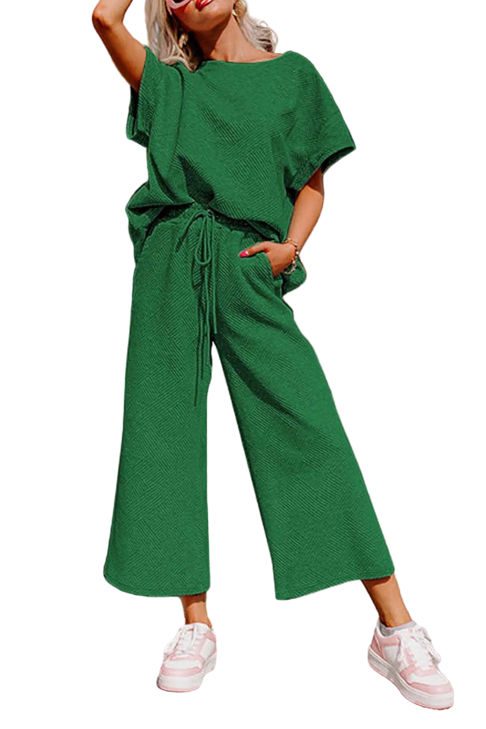 Dark Green Textured Loose Fit T Shirt and Drawstring Pants Set