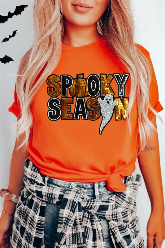 Orange SPOOKY SEASON Sequin Ghost Graphic Tee