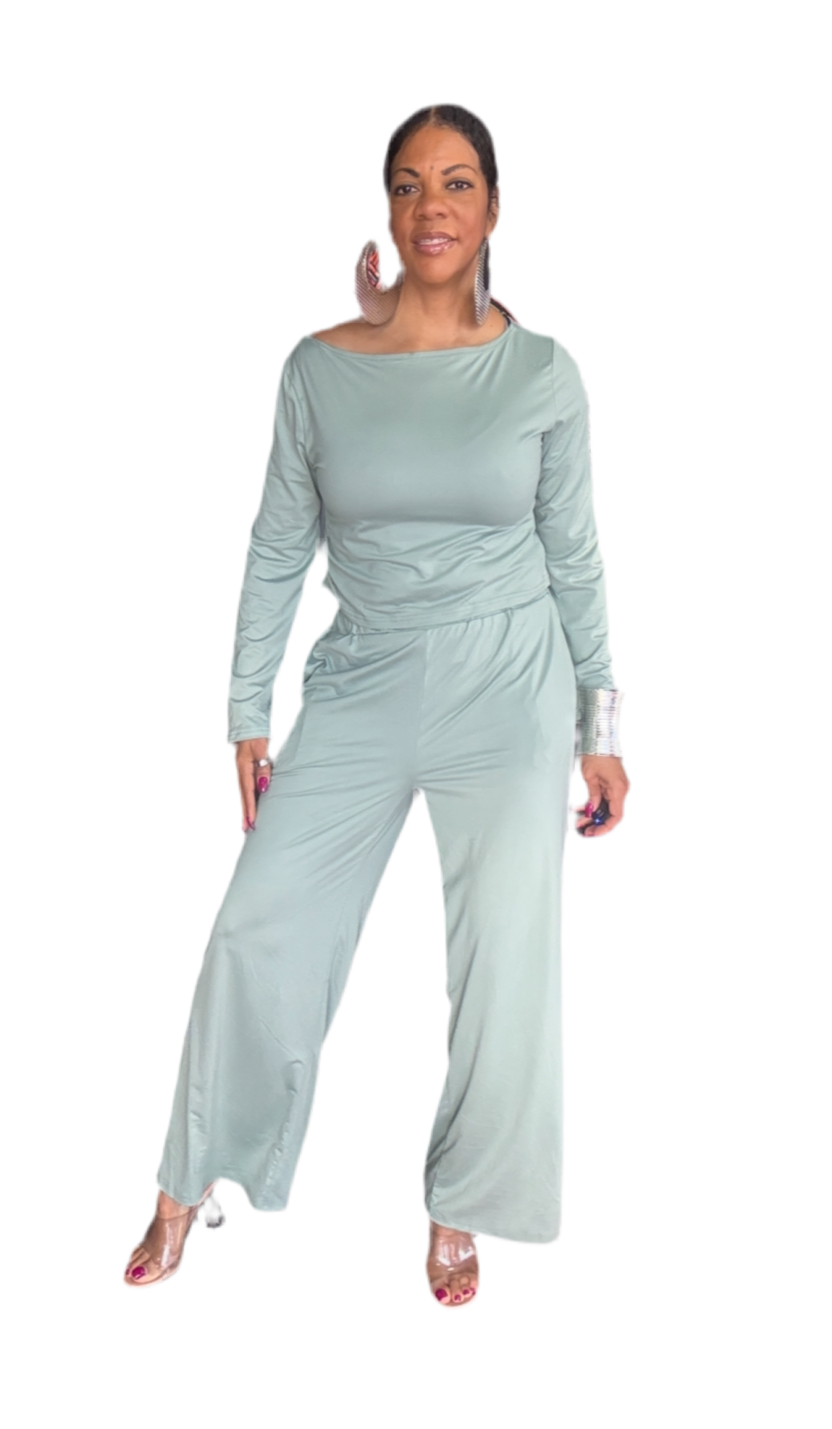 Boat Neck Long Sleeve Top and Pants Set