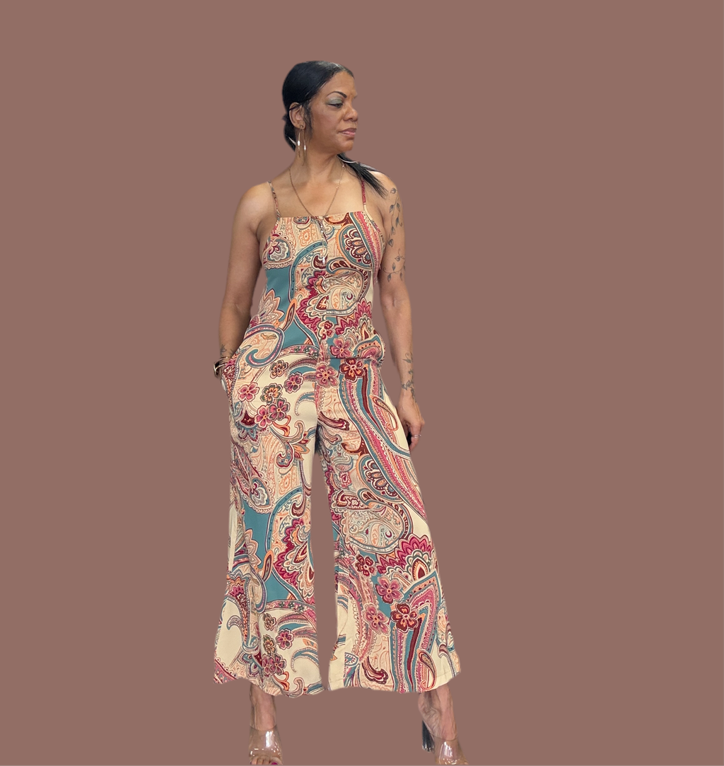 Red Paisley Printed Spaghetti Straps Elegant Wide Leg Jumpsuit