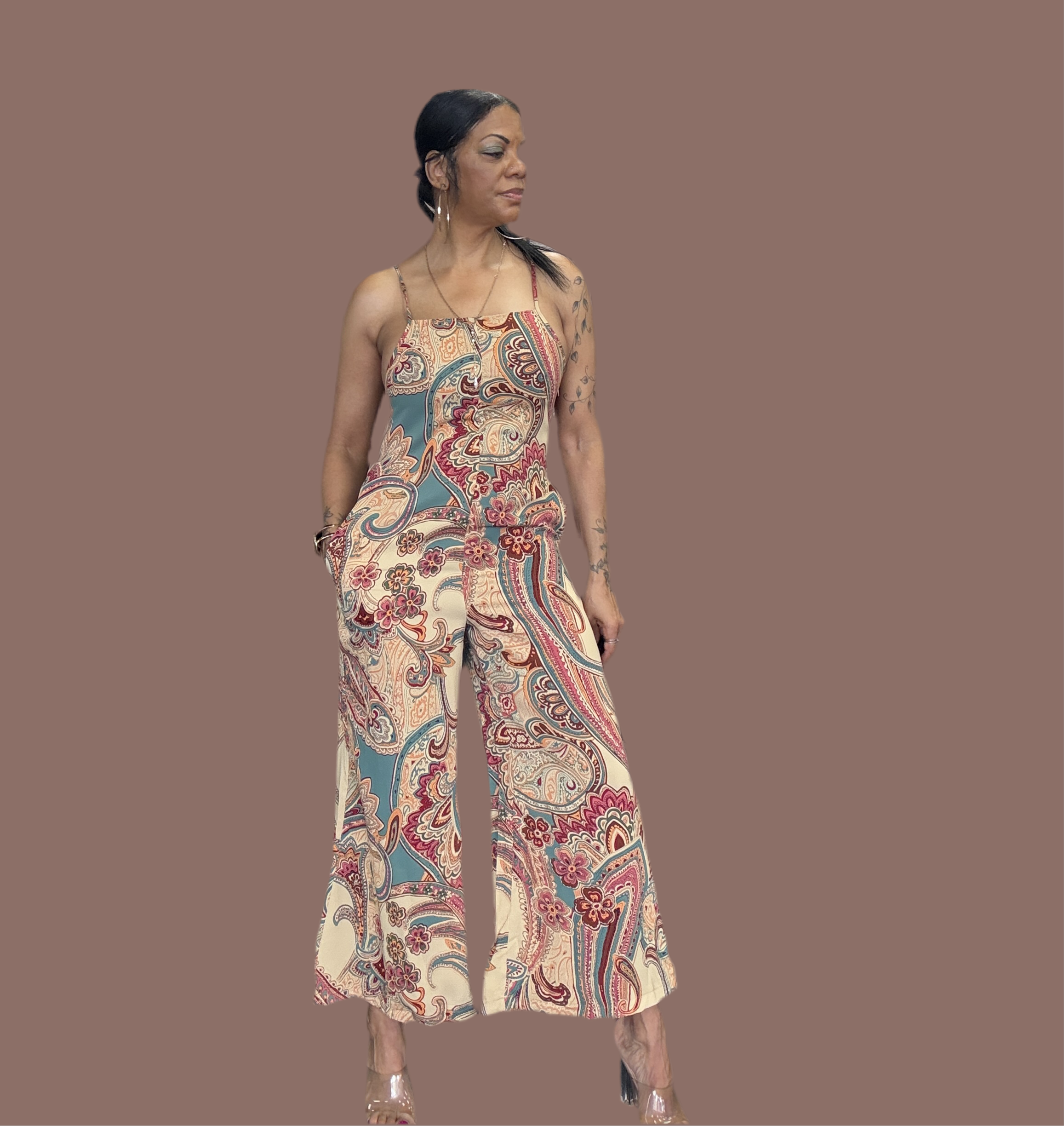 Red Paisley Printed Spaghetti Straps Elegant Wide Leg Jumpsuit