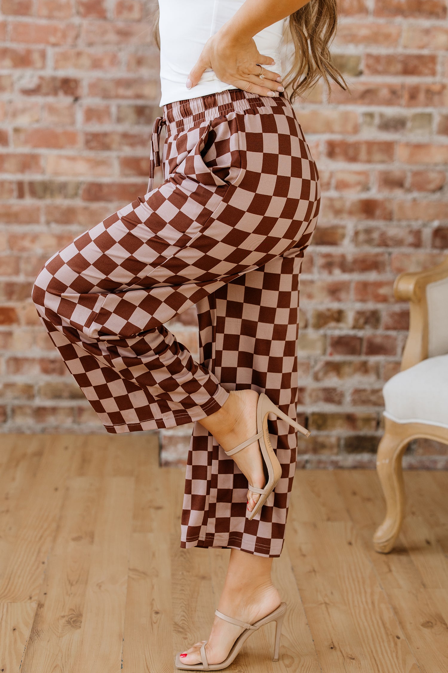 Khaki Checkered Elastic High Waist Loose Casual Pants