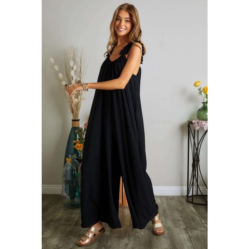 ADORA Plus Size Elastic Ruffle Shoulder Jumpsuit