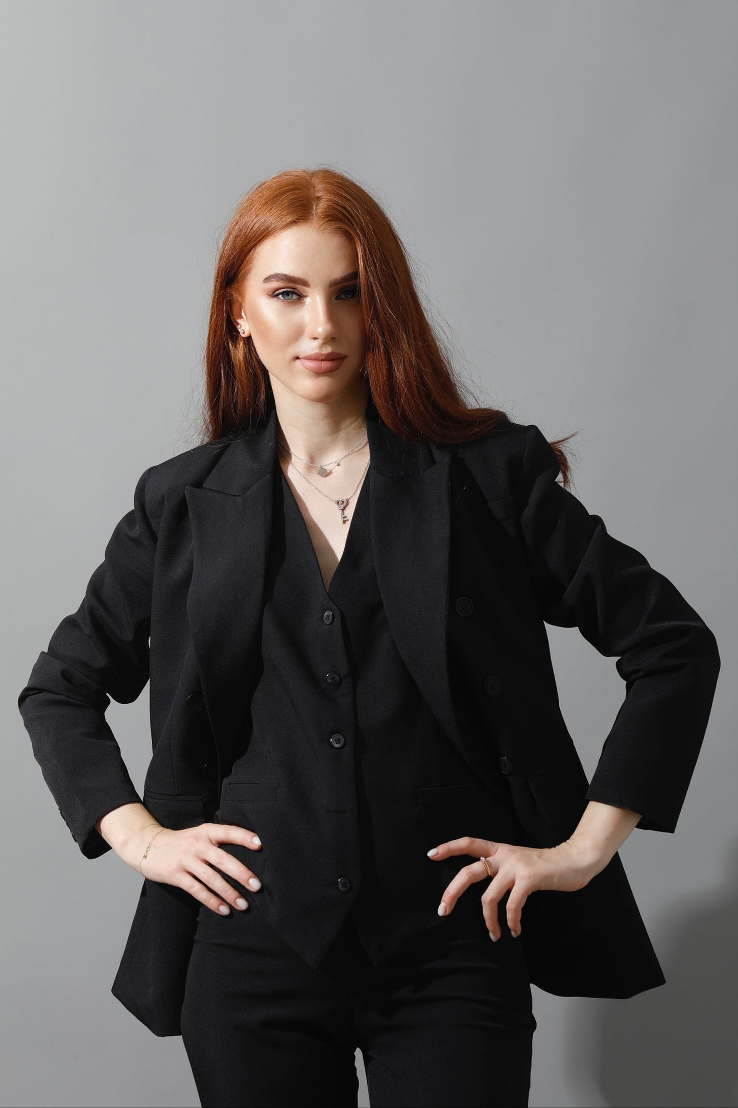 Double Breasted Blazer, Pants & Vest Set - Black