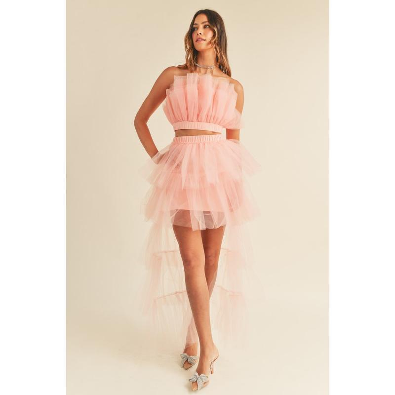 MABLE Tulle Tube Ruffle Crop Top and High Low Maxi Skirt Set