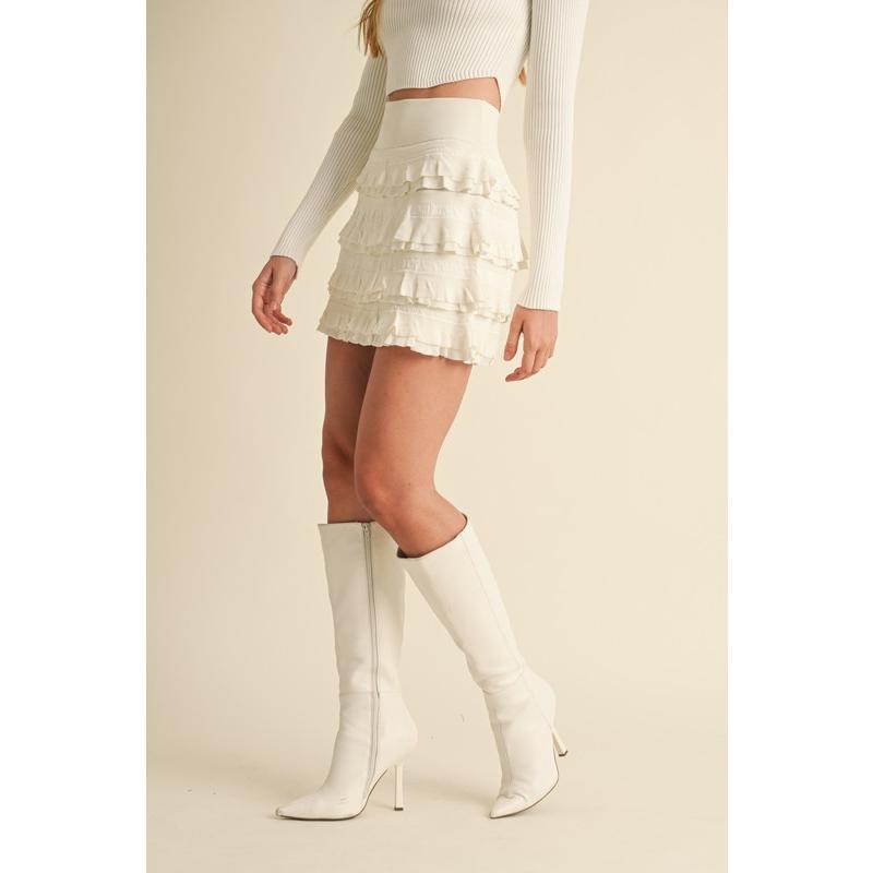 MABLE Ruffled Detail High Waist Knit Mini Skirt