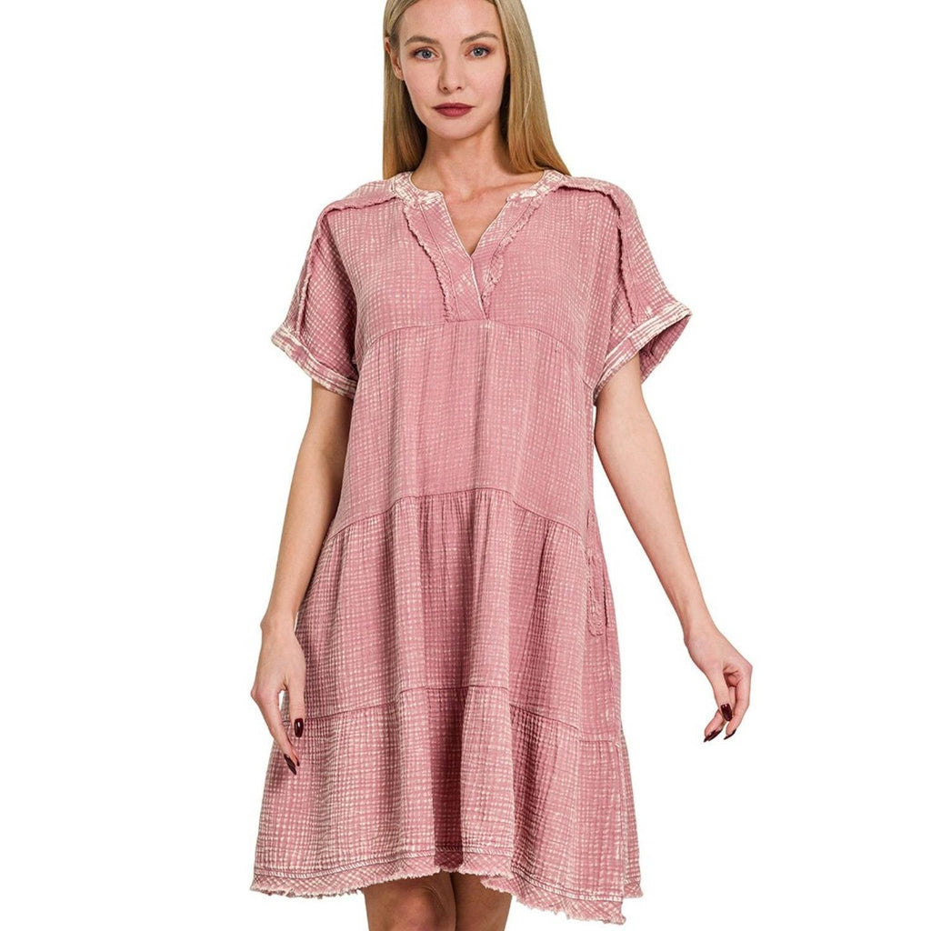 Zenana Washed Double Gauze Raw Edge V-Neck Dress
