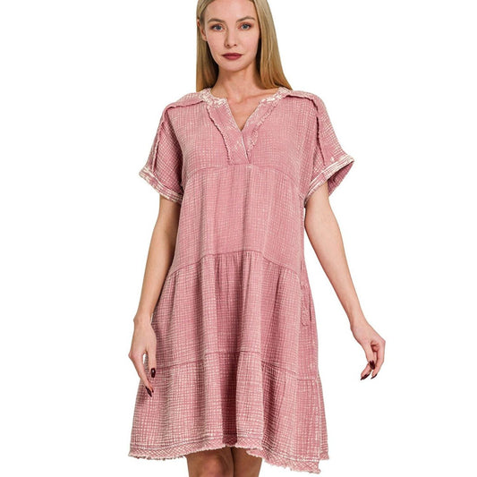 Zenana Washed Double Gauze Raw Edge V-Neck Dress