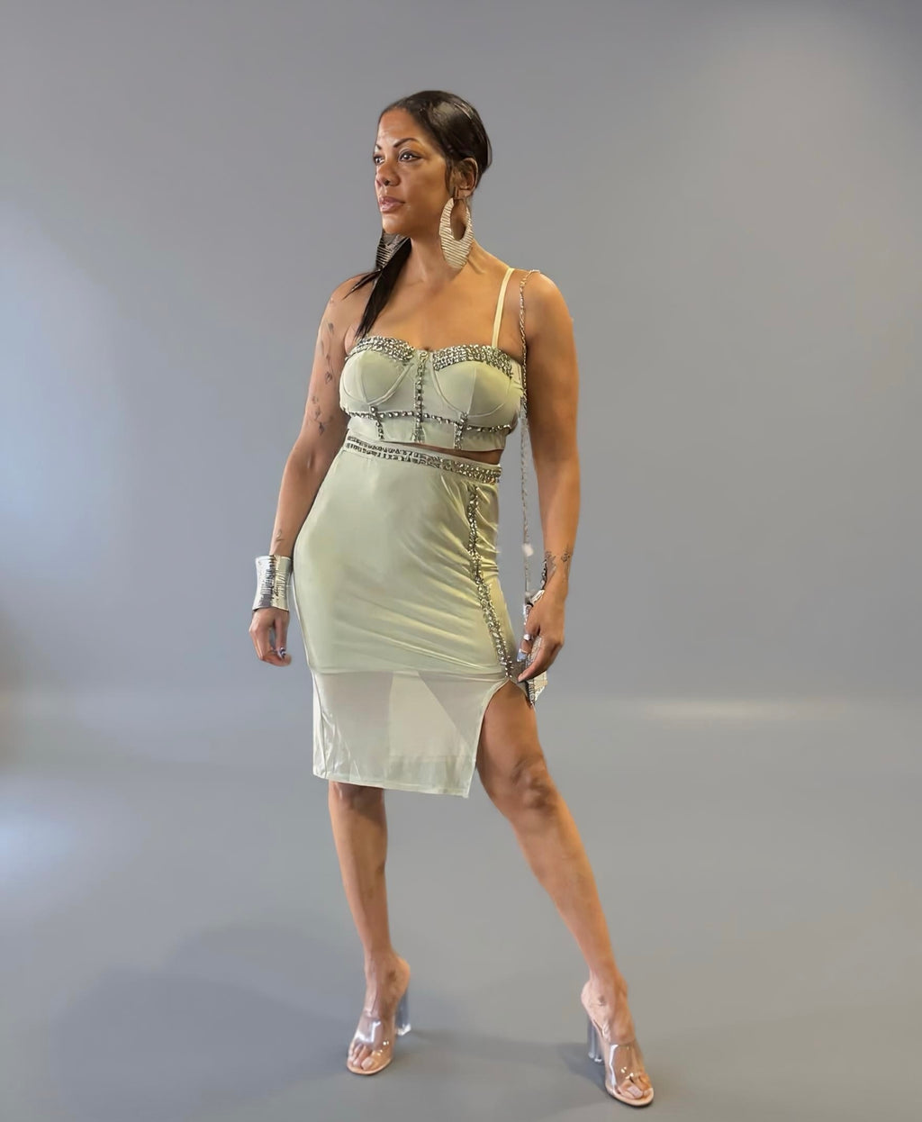 Studded Stone Cami Top & Slit Mini Skirts Set