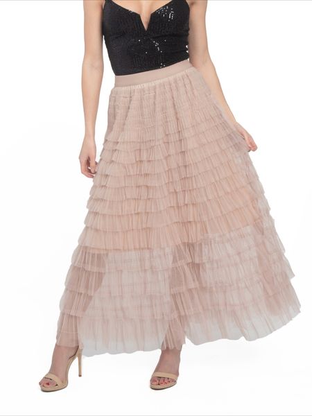 Mesh Flared Layered Hem Midi Skirt High Waist Pleated A Line