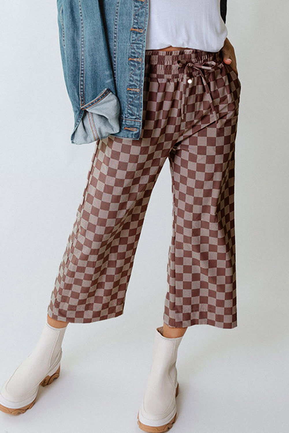 Khaki Checkered Elastic High Waist Loose Casual Pants
