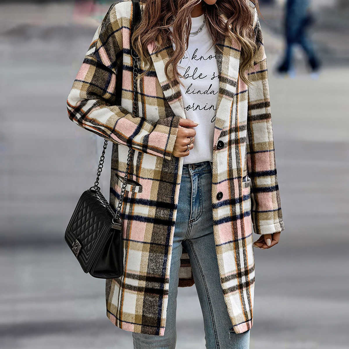 Pink Plaid Button Up Lapel Jacket