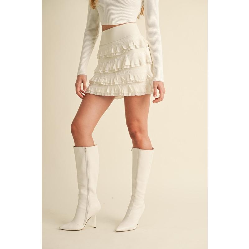 MABLE Ruffled Detail High Waist Knit Mini Skirt