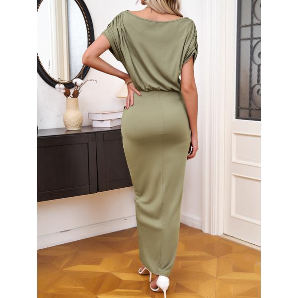 Alpha C Apparel Women's Batwing Short Sleeve Front Split Ruched Maxi Dress Casual Comfort Light Womenswear