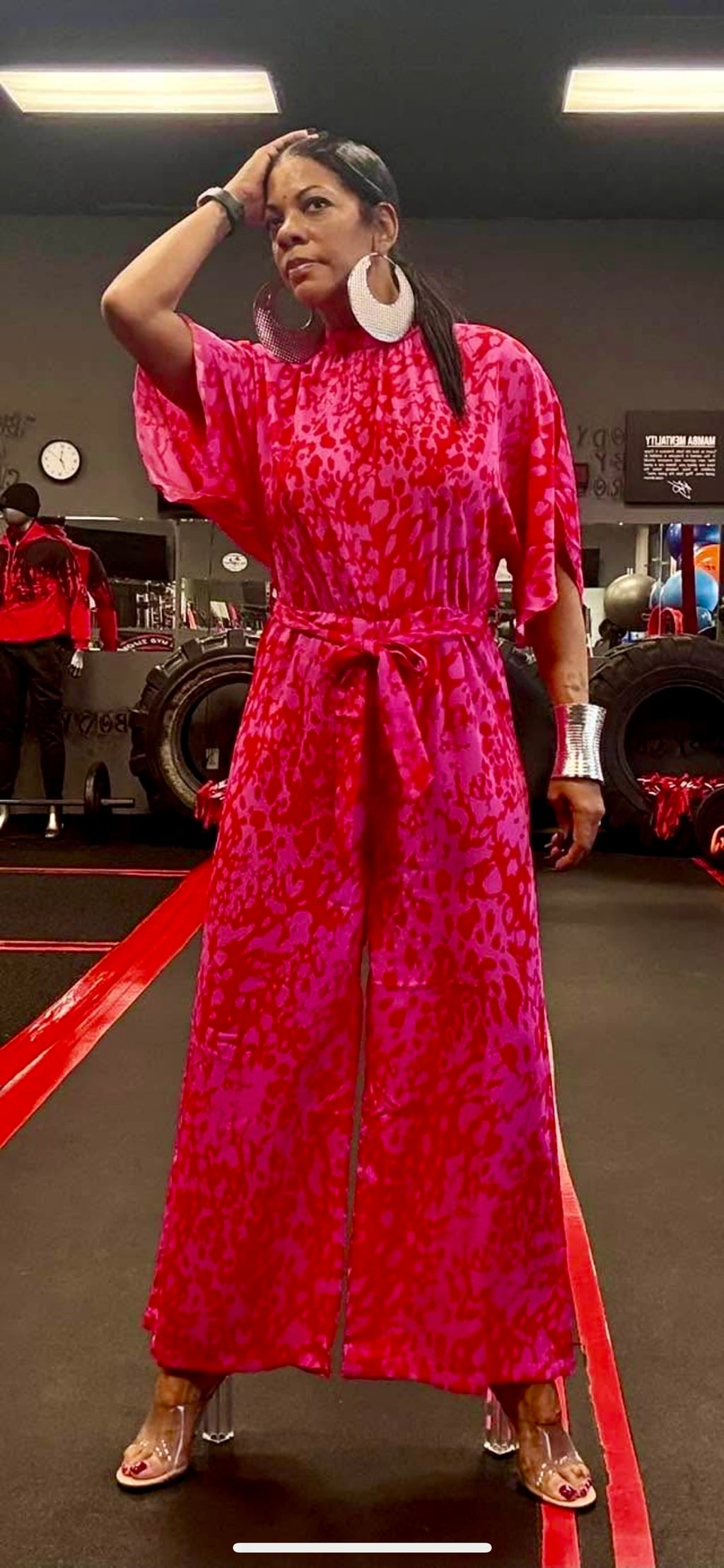 Rose Leopard Loose Sleeve Belted Wide Leg Jumpsuit