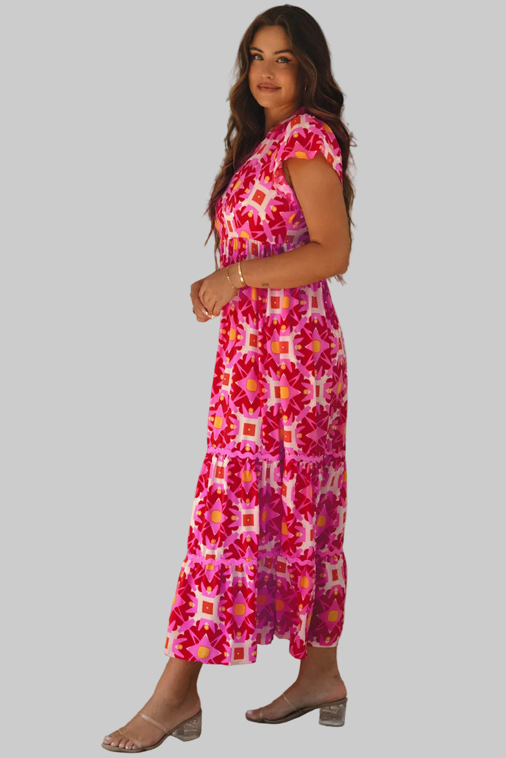 Strawberry Pink Geo Print V-neck Maxi Dress