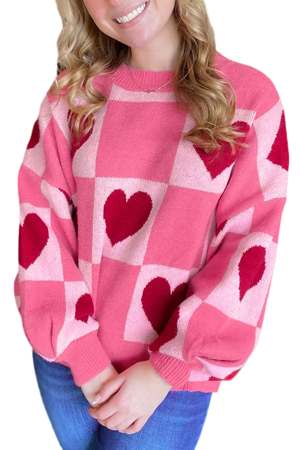 Pink Love Heart Checkered Valentine Crew Neck Sweater