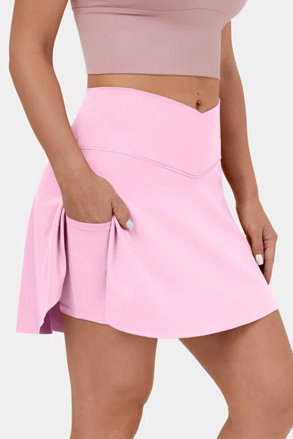 Pink Solid Pocketed Crossover High Waist Swim Skort