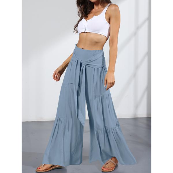 Alpha C Apparel Wide Leg A Line Tie Waist Pants Casual Comfortable