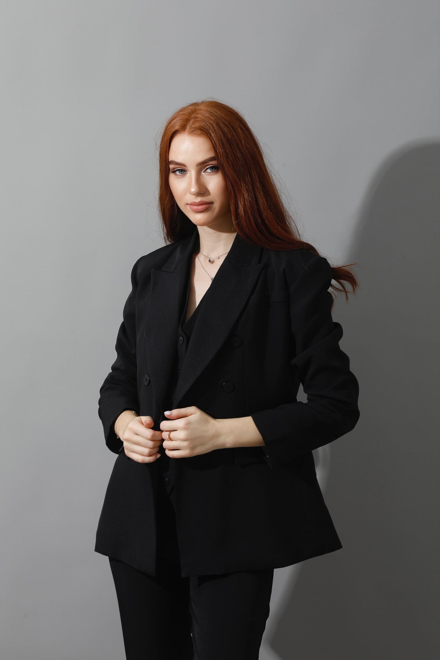 Double Breasted Blazer, Pants & Vest Set - Black