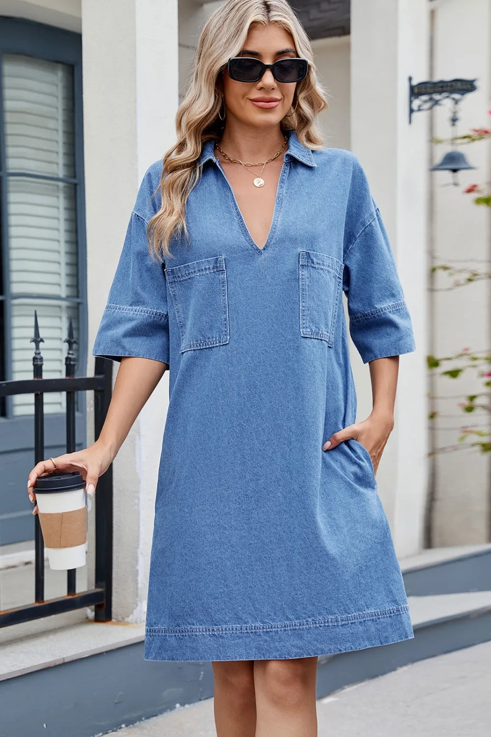 denim dress collar Johnny Collar Half Sleeve Denim Dress – Alpha C Apparel