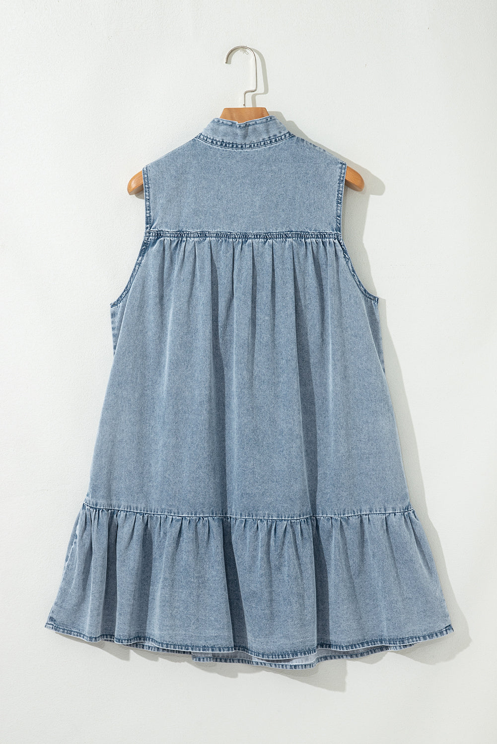 Real Teal Bowknot Neck Sleeveless Ruffled Chambray Dress
