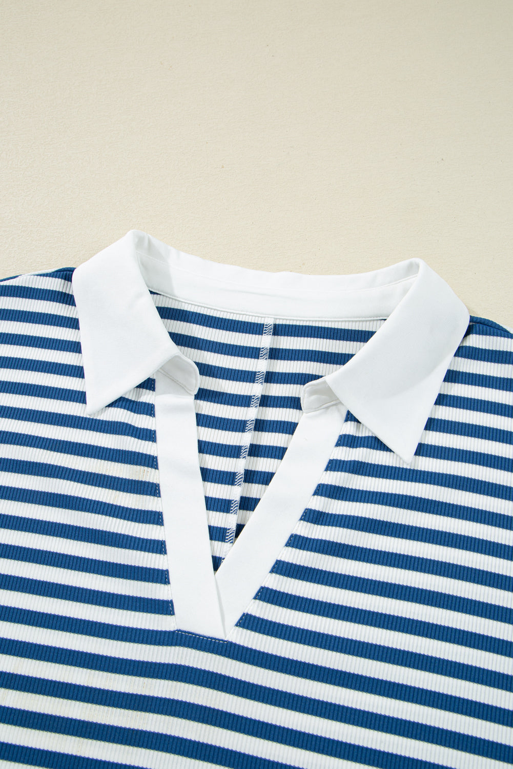 Blue Stripe Short Sleeve Collared V Neck Top Plus Size Short Set