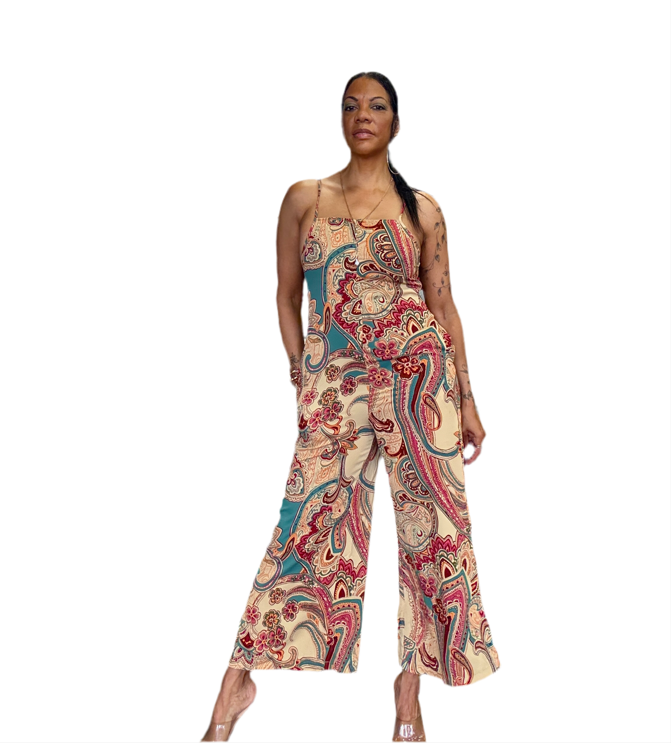 Red Paisley Printed Spaghetti Straps Elegant Wide Leg Jumpsuit