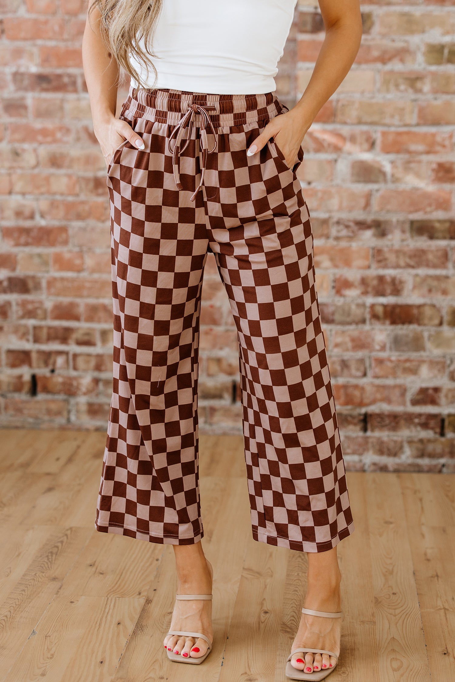 Khaki Checkered Elastic High Waist Loose Casual Pants