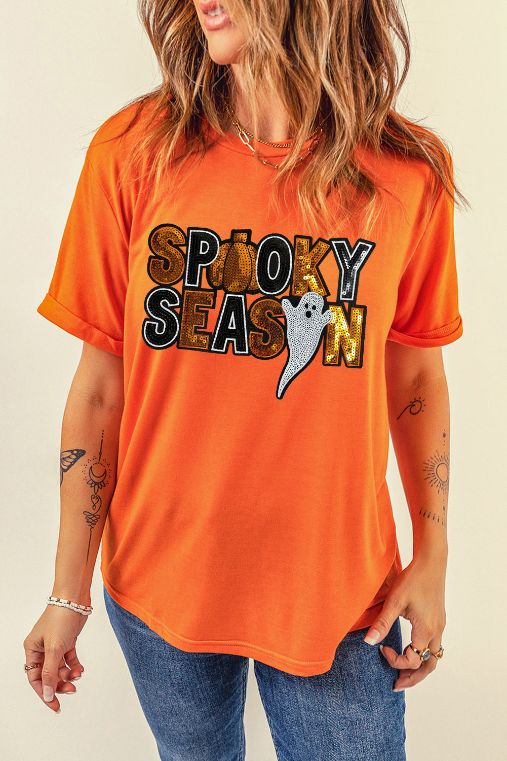 Orange SPOOKY SEASON Sequin Ghost Graphic Tee