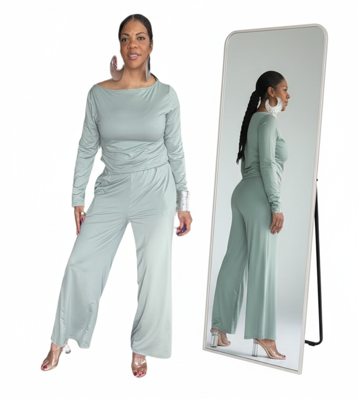 Boat Neck Long Sleeve Top and Pants Set