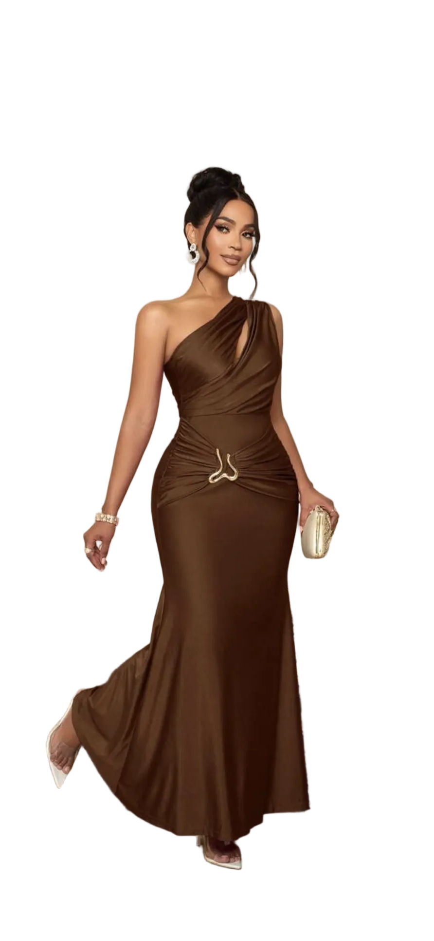 Alpha C Women's Solid Color Hollow Asymmetric Neck Metal Decorated Bodycon Dress