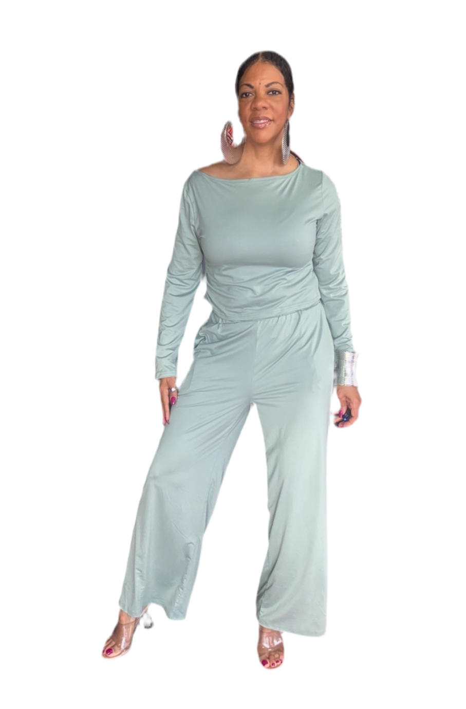 Boat Neck Long Sleeve Top and Pants Set
