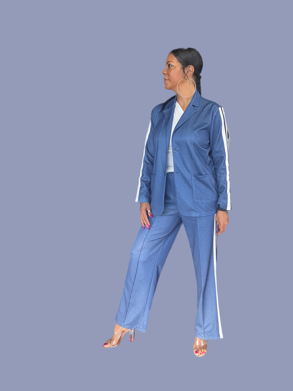 Full Size Contrast Lapel Collar Top and Pants Set