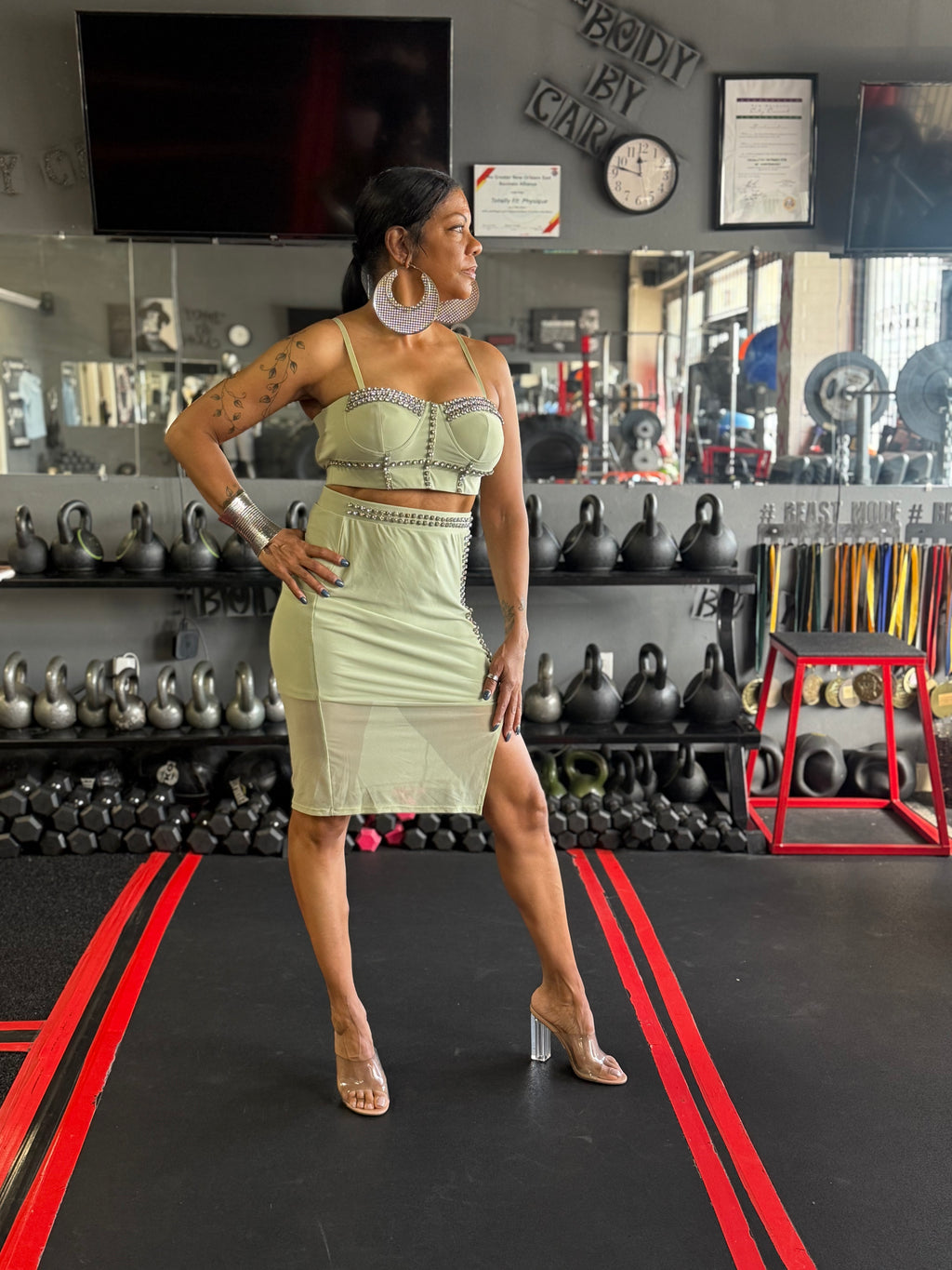 Studded Stone Cami Top & Slit Mini Skirts Set