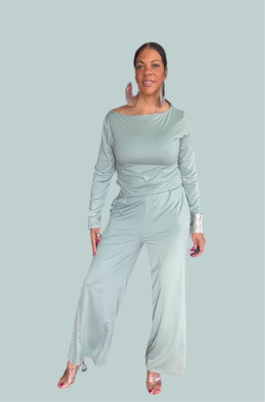 Boat Neck Long Sleeve Top and Pants Set
