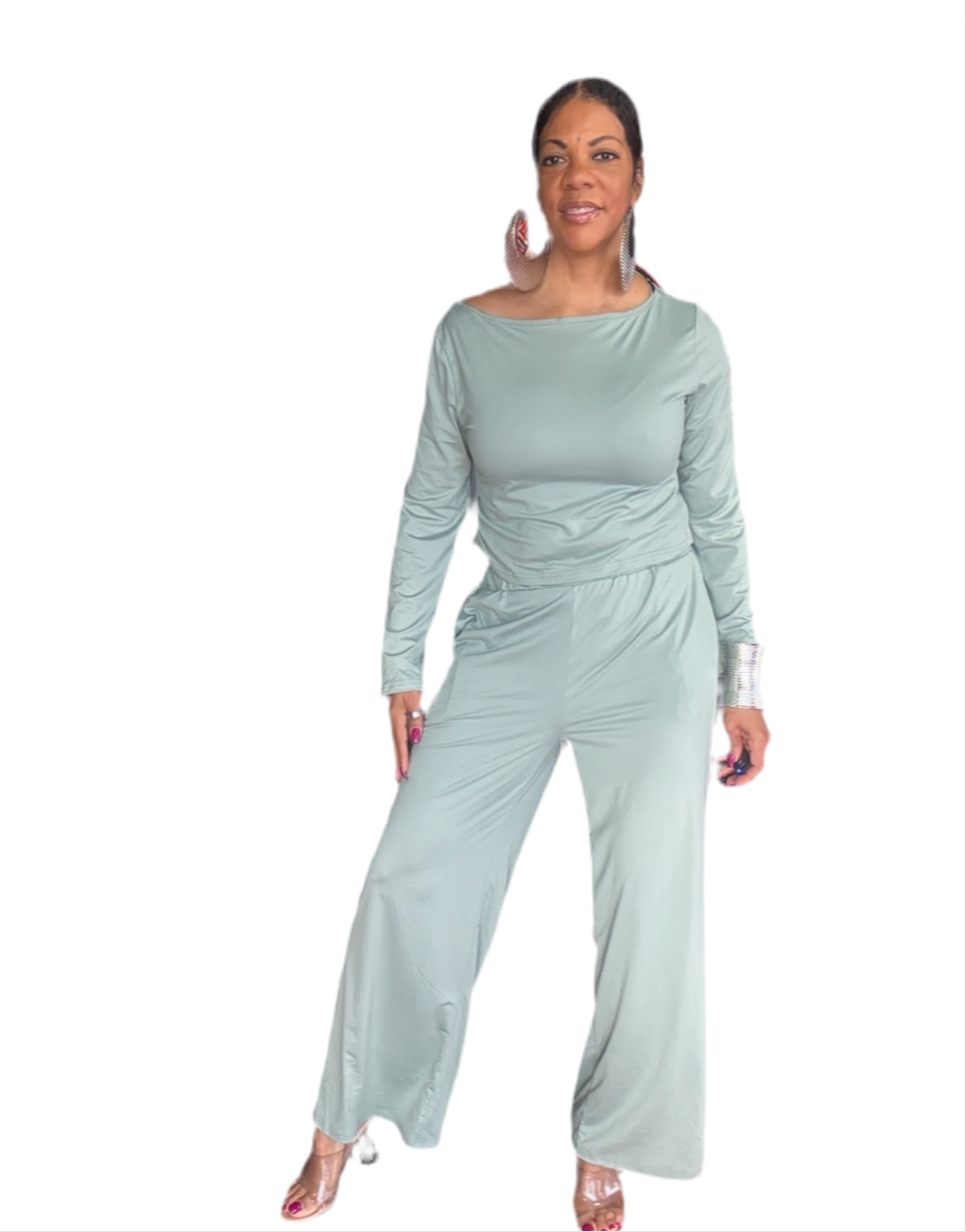 Boat Neck Long Sleeve Top and Pants Set