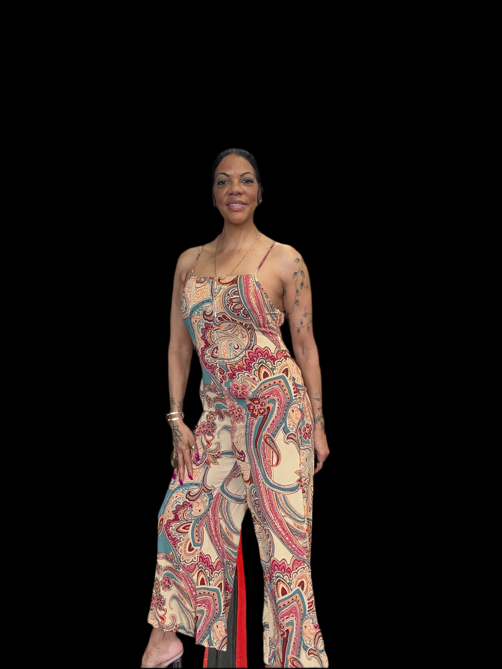 Red Paisley Printed Spaghetti Straps Elegant Wide Leg Jumpsuit