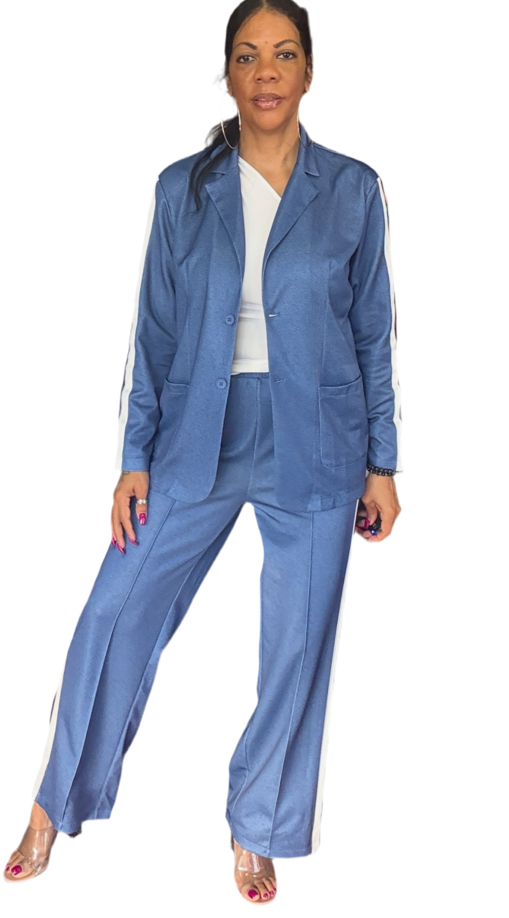 Full Size Contrast Lapel Collar Top and Pants Set