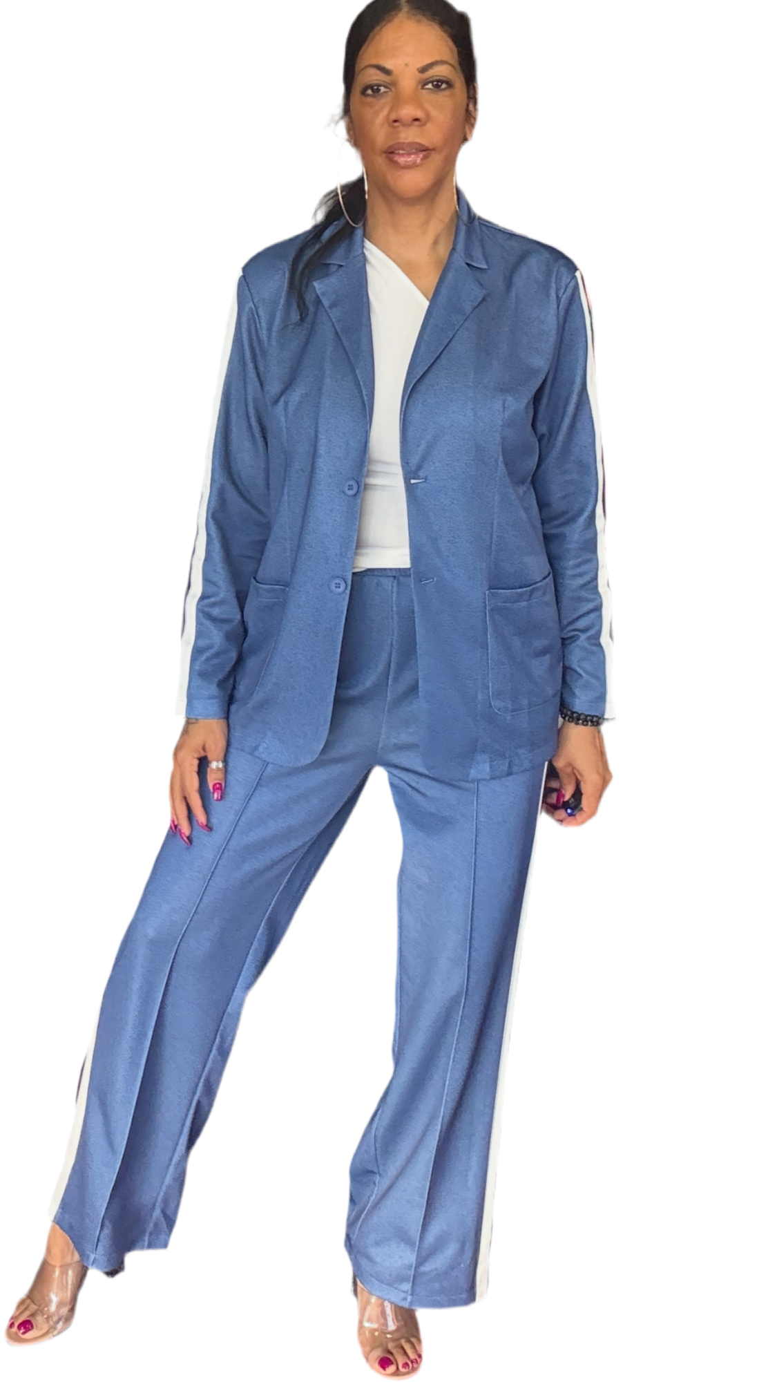 Full Size Contrast Lapel Collar Top and Pants Set